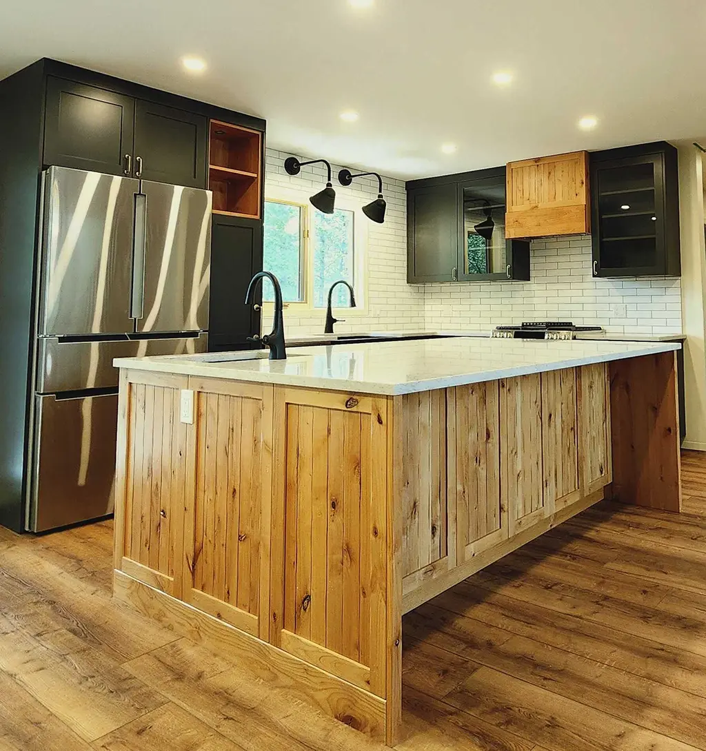 custom kitchen island with matching floors