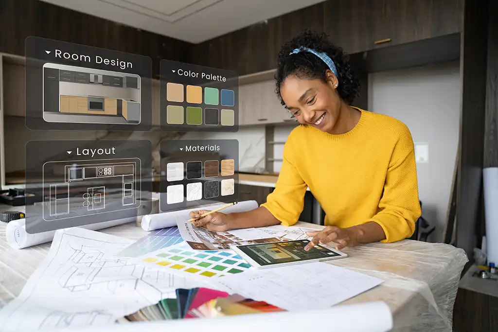 woman looking over all sorts of design materials for managing a construction project